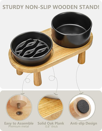 Ceramic Slow Feeder and Water Bowl Set for Small Dogs, 0.6 Cups Dog Slow Feeder(14oz) and 30oz Water Bowl Set, 6in, Black