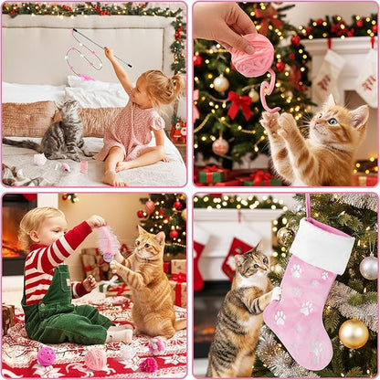 MALLMALL6 Christmas Stocking Cat Toys - 12Pcs Interactive Kitty Gifts Pink Xmas Hanging Stocking Feather Teaser Wand Mice Crinkle Bells Ball Spring Toys for Indoor Kitten