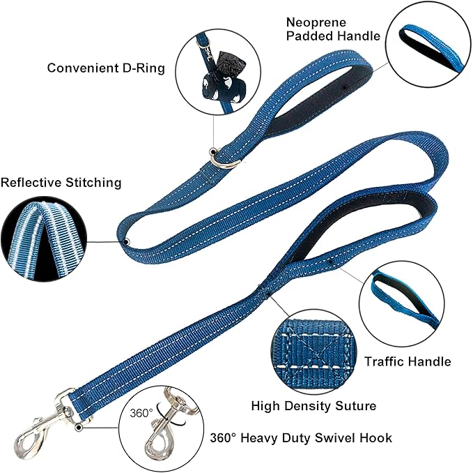 Heavy Duty 2 Padded Handle Dog Walking and Training Standard Leashes for Traffic Control,with Enlarged Tangle Free Buckle,D-Ring,Double-Sided Reflective Stitching,Double Layer Nylon,Blue 4Ft