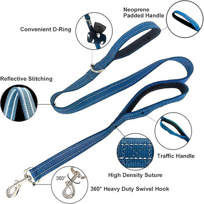 Heavy Duty 2 Padded Handle Dog Walking and Training Standard Leashes for Traffic Control,with Enlarged Tangle Free Buckle,D-Ring,Double-Sided Reflective Stitching,Double Layer Nylon,Blue 4Ft