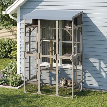 Window Catio Outdoor Cat Enclosure for Indoor Cats, 99.5" Tall Outdoor Cat Patio Cat House with Ultra-Fine Mesh, Large Expandable Perch for Window, 8 Jump Platforms, Scratching Post, Keep Bugs Out