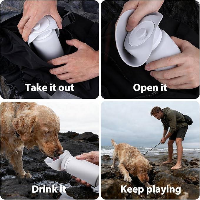 Jalopink Portable Dog Water Bottle, 2-in-1 Leak Proof & Collapsible Silicone Pet Dispenser with Built-in Bowl, Food Grade Travel Cup for Walking, Hiking (19oz/550ml, Gray)