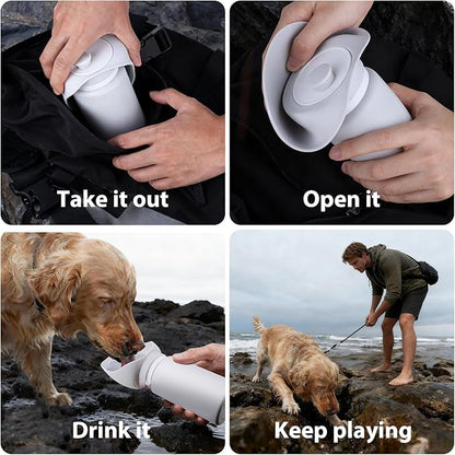 Jalopink Portable Dog Water Bottle, 2-in-1 Leak Proof & Collapsible Silicone Pet Dispenser with Built-in Bowl, Food Grade Travel Cup for Walking, Hiking (19oz/550ml, Gray)