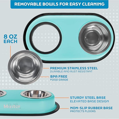 Master Pet Supply Double Dog Bowls Set with Elevated Base and 2 (8 oz) Stainless Steel Removable Dishes (Aqua Sky) – Double Cat Food Water Bowl, Dog Puppy Food Bowl Set, Rust Resistant