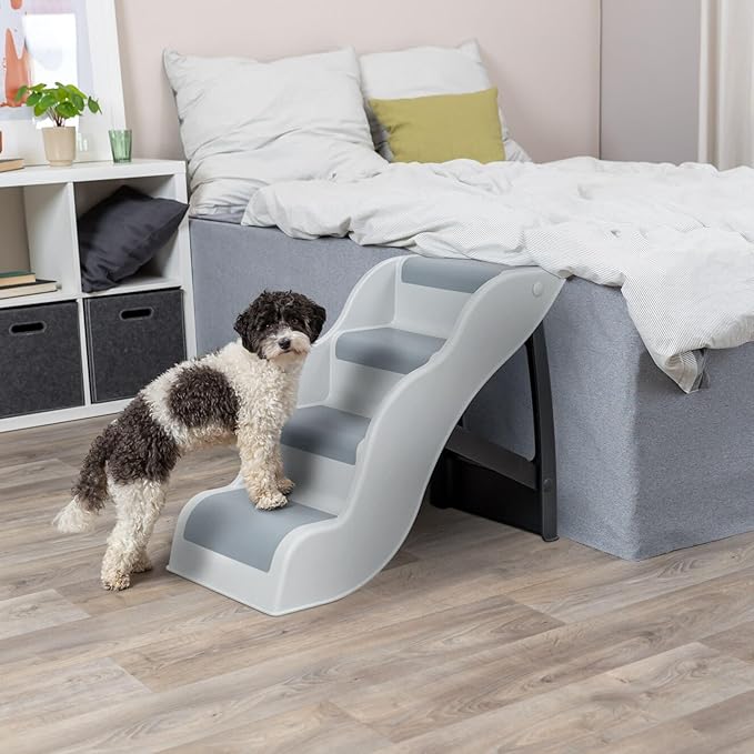 Trixie Lightweight Dog Stairs with Non-Slip Rubber Treads - 4 Step Pet Stairs for Beds and Couches - Foldable and Easy to Store - in Gray