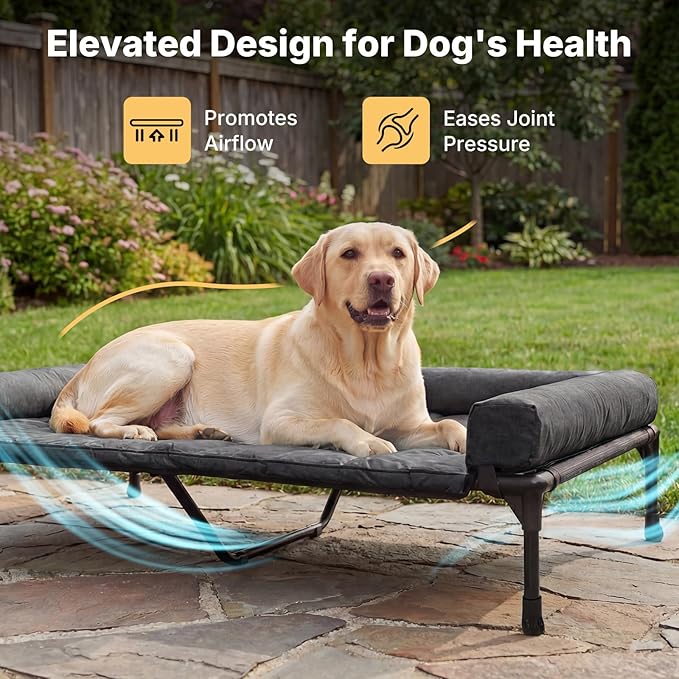 Veehoo Cooling Elevated Dog Bed Add Removable Waterproof Bolster Cushion Mat, Raised Pet Cot with Breathable Teslin Mesh, No-Slip Feet, Dog Couch Bed for Indoor Outdoor, 53 inches, Black