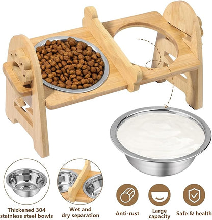 MCEAST Elevated Cat Bowls, Adjustable Raised Dog Bowls Stand with 2 Pieces 304 Stainless Steel Bowls, Bamboo Pet Elevated Bowl Cat Feeder for Newborn Cats Dogs Pets from 4.4 to 11 Pounds