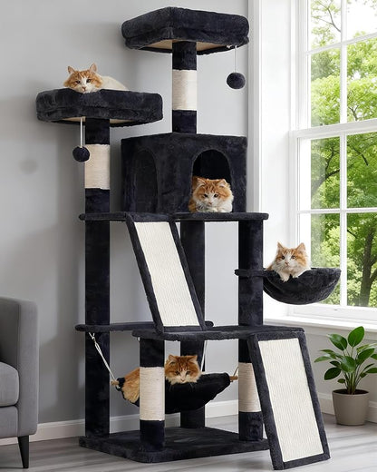 Multi-Level Cat Tree for Indoor Cats, Cat Tower with 2 Scratching Boards, 2 Plush Padding Platforms, Cat Condo House with Hammock, Basket, Smoky Gray GCT022G