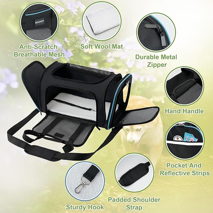 Soundy Large Cat Carrier Dog Carrier Under 25 Lbs,Collapsible Ventilated Portable Pet Bag with Soft Sided Breathable Mesh for Long Car Trips Maxi Load 2 Kittens or Small, Medium Dog (Large Black)