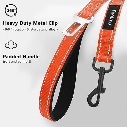 6 Foot Orange Dog Leashes for Large Medium and Small Breed Dogs That Pull,Reflective Nylon Heavy Duty Dog Leash with 2 Comfortable Padded Traffic Handles and Car Seat Belt for Walking and Training