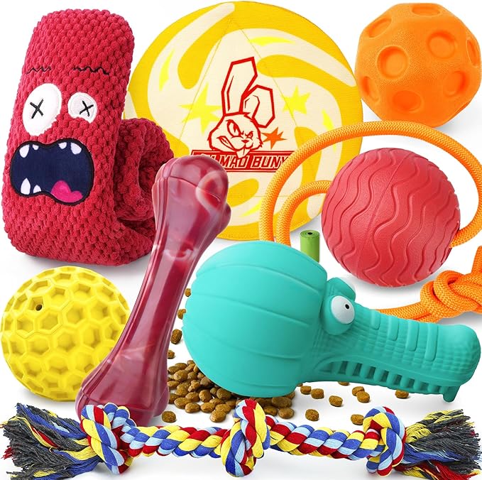 Long-Lasting Heavy Various Dog Chew Toys for Aggressive Chewers, 9 Pack Indestructible Large Dog Toys Include Tug Chew & Rope Toys, Squeaky Toys for Medium&Large Breed (For Super Chewers-Crocodile)