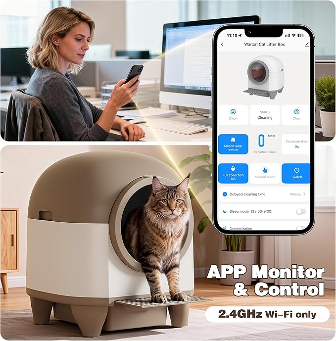 Greesum UltraSmart AutoClean Litter Box - 90L Large Capacity for Multi-Cat Households with Safeguard Tech, APP Control, Odor-Free Design & Mat/1 Roll Litter Bag