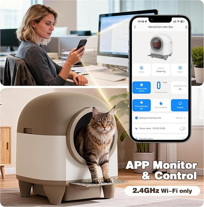Greesum UltraSmart AutoClean Litter Box - 90L Large Capacity for Multi-Cat Households with Safeguard Tech, APP Control, Odor-Free Design & Mat/1 Roll Litter Bag