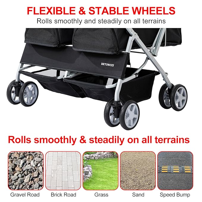 Double Pet Stroller for 2 Small Dogs & Cats, Side-by-Side Twin Travel Carriage with Safety Leashes, Mesh Windows & Double Storage Baskets, Lightweight & Foldable, 44lbs Capacity, Black