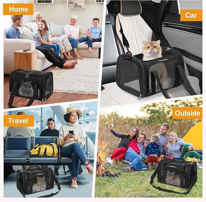 Discala Cat Dog Carrier Up to 15 Lbs TSA Airline Approved Pet Carrier for Small Medium Cats Puppies Dog Carriers for Small Dogs Collapsible Soft Sided Cat Travel Carrier - Black 15.7"x10.2"x10.2"