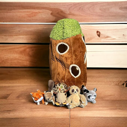 Glow Pups Hide and Seek Dog Toy, Interactive Dog Toy Bundle with Squeaky Plush Woodland Animals, Burrow Toys for Puppies, Large Size, Brown Plush Tree with 5 Animals