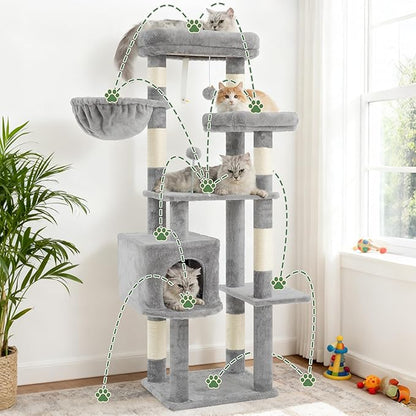 Cat Tree for Indoor Cats, 55.1 inch Cat Tower with 7 Sisal Scratching Posts, Multi-level Cat Condo wit Large Play Platform Furry Ball, Cat Cave, 2 Padded Perches, Basket, Light Gray GCT013W