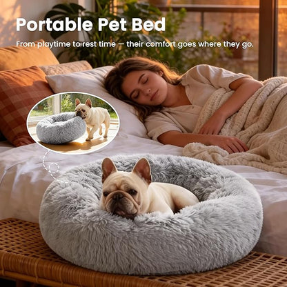 Love's cabin Calming Cat Bed for Indoor Cats, Anti-Anxiety Donut Round Dog Bed, Fluffy Faux Fur Washable Pet Bed for Small Medium Dogs and Cats,Grey,20in