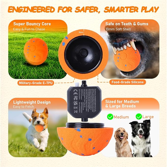 Interactive Dog Ball Toy, Automatic Motion Activated Smart Rolling & Bouncing Ball, USB Rechargeable Durable E-TPU Material Pet Toy for Small Medium Large Dogs, Boredom Relief & Exercise -- Orange