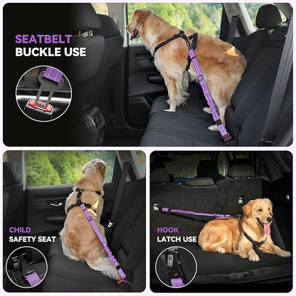 Pawaboo 2Pack Dog Seatbelt for Car, Dog Car Seat Belt Bungee, Shockproof Dog Tether for Car with Buckle & Hook Latch, Adjustable Reflective Dog Car Harness Leash with 360° Lockable Buckle, Purple