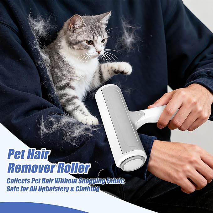 Roller Pet Hair Remover – Reusable Lint Roller for Dog & Cat Hair on Furniture, Couch, Carpet, Rugs, Bedding & Car – Portable, Eco-Friendly (White Gray)