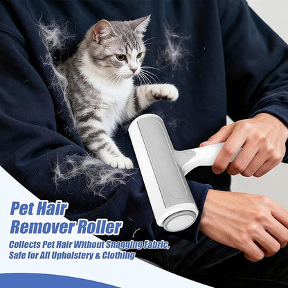 Roller Pet Hair Remover – Reusable Lint Roller for Dog & Cat Hair on Furniture, Couch, Carpet, Rugs, Bedding & Car – Portable, Eco-Friendly (White Gray)