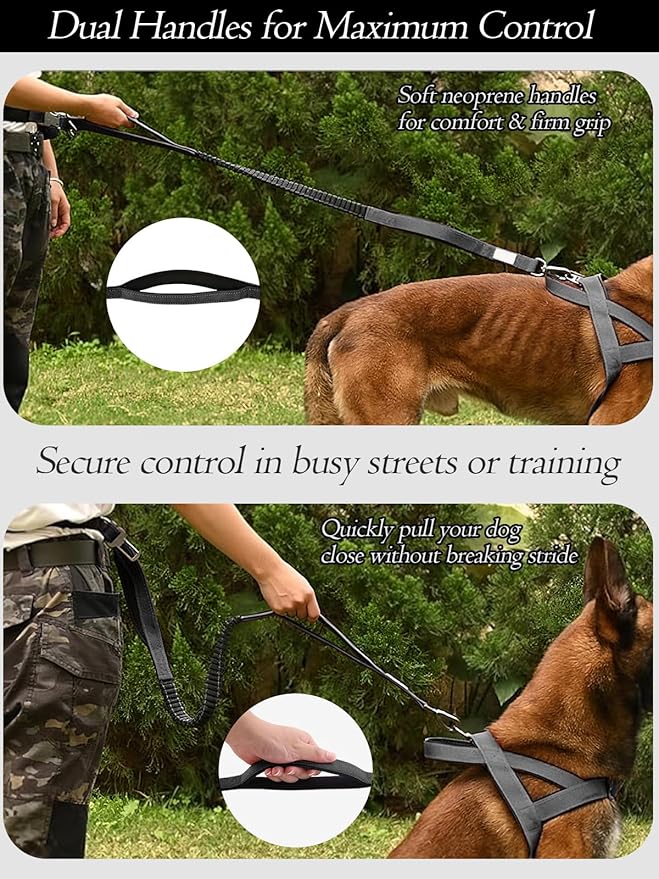 Hands Free Dog Leash with Zipper Pouch & Waist Belt – Reflective Durable Bungee Leash with Dual Padded Handles for Walking, Jogging & Running, Fits Small to Large Dogs (Black)