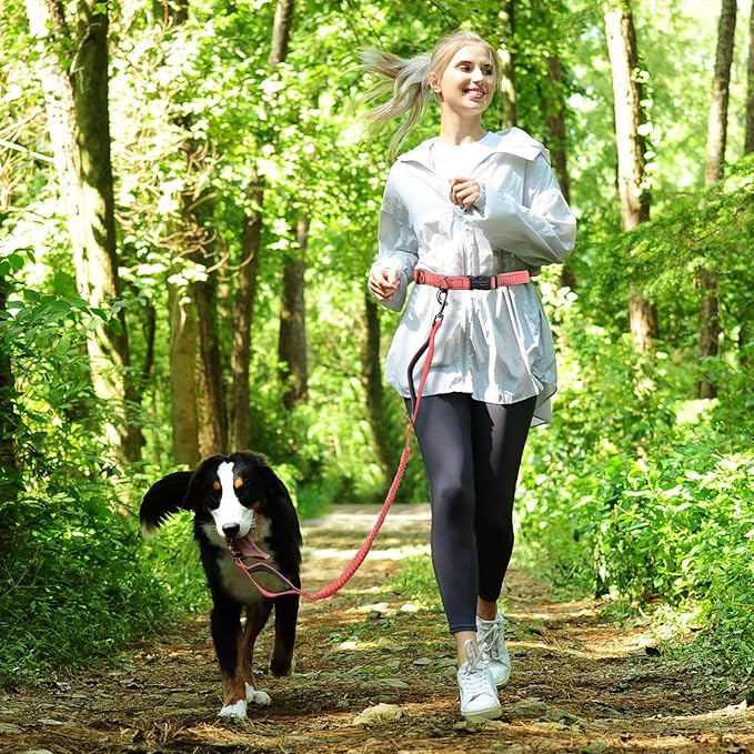 VIVAGLORY Hands Free Dog Leash Bungeeone Running Dog Leash with Waist Belt for Running Walking & Jogging, Bungee & Around Waist for Pet, S, Pink/Grey