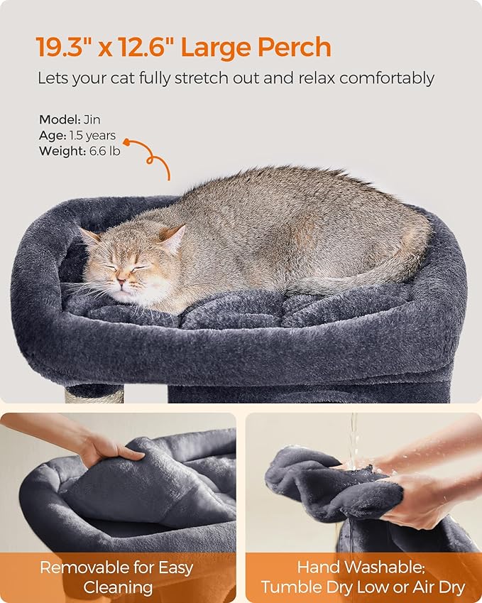 Feandrea Cat Tree, 29.1-Inch Cat Tower, Plush Condo for Medium Cats up to 11 lb, Large Perch, 2 Caves, Scratching Post, Smoky Gray UPCT612G01