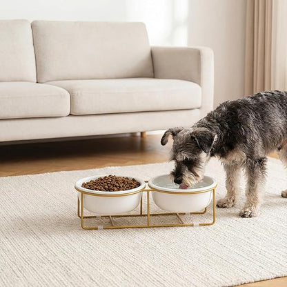 Elevated Dog Bowls for Food and Water - Double Ceramic Bowls with Metal Stand - Pet Feeding Set for Small Dogs and Cats - Each Holds 400ml / 2 Cups (Approx. 200g) - White