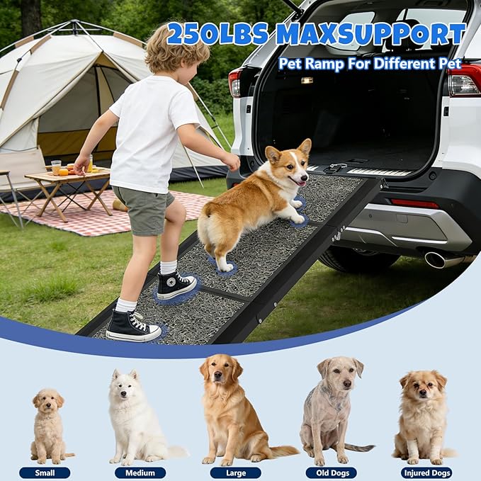 Dog Ramp for Car 71" L x 17" W, Foldable Pet Ramp for Large Dogs with Non-Slip Rug Surface, Portable Dog Car Ramp for SUV, Truck & Vehicle, Heavy-Duty Aluminum Pet Loading Ramp Supports 250 lbs