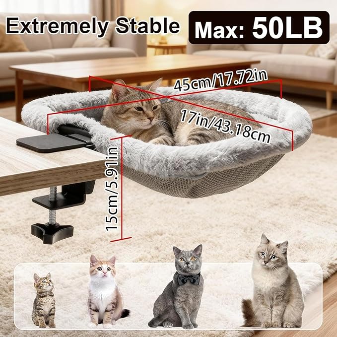 Cat Hammock Perch - Secure Clamp Desktop Lounger, Kitten Hanging Bed, Pet Table Hammock, Indoor Cat Resting Accessory Softs Material | Hammocks Perch for Bedroom Living Room Offices Home Play Table U