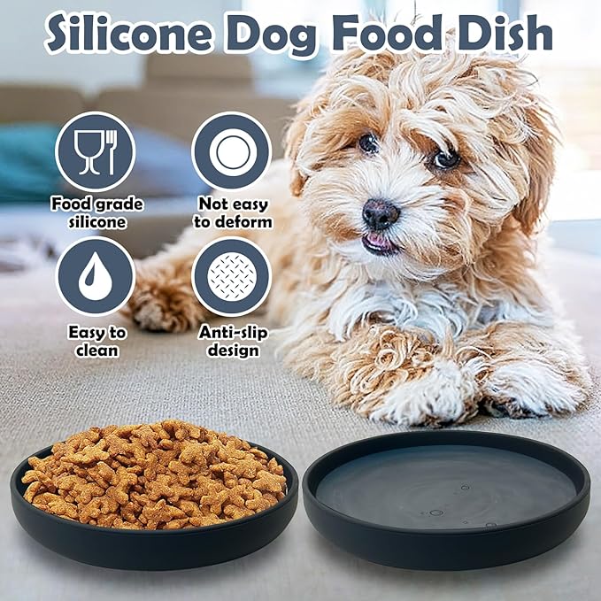 Silicone Dog Bowl Set of 2 Flat Puppy Food & Water Dish Less Mess Cat Dry Food Plates with Suction Cup Non-Tippable Feeding Bowls for Small & Medium-Sized Pets (Round Grey)