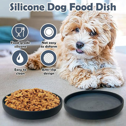 Silicone Dog Bowl Set of 2 Flat Puppy Food & Water Dish Less Mess Cat Dry Food Plates with Suction Cup Non-Tippable Feeding Bowls for Small & Medium-Sized Pets (Round Grey)