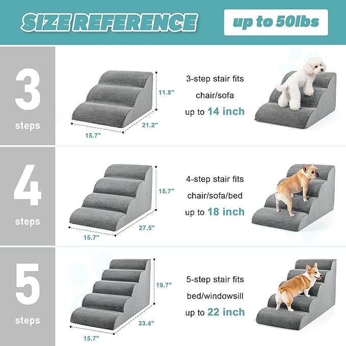 IFNOW Dog Stairs for Small Dogs 15.7''H, 4-Step Sturdy Dog Steps for Bed, Couch, Sofa, Waterproof Pet Stairs for Older Cats, Puppy, Removable Washable Cover, Non-Slip Curved Pet Ramp Indoor, Grey