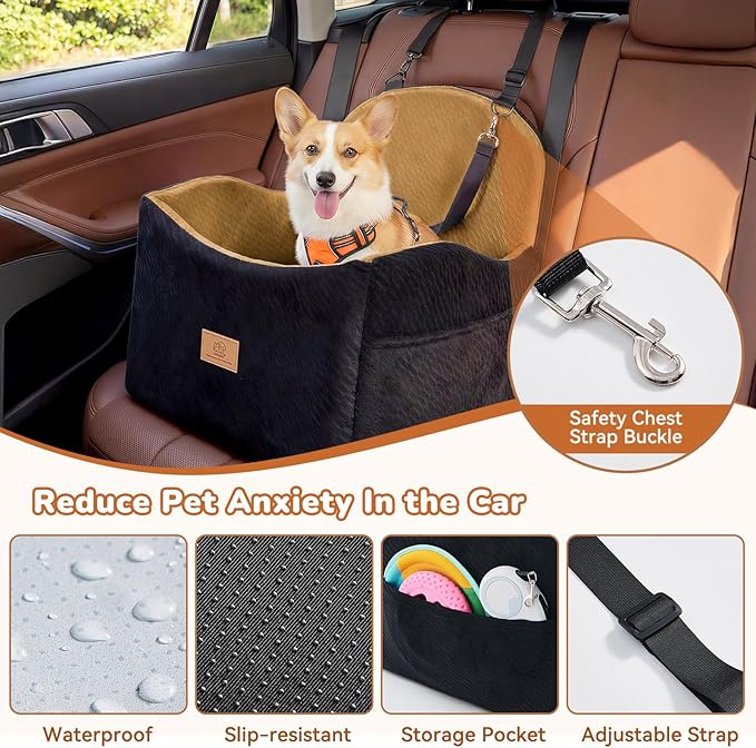 Dog Car Seat for Medium/Small Dogs, Dog Booster Car Seat, Pet Booster Seats Up to 40lbs with Waterproof Layer, 3 Storage Pockets and Safety Belt (Black/Brown)