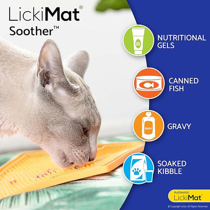 LickiMat Classic Soother, Cat Slow Feeder Lick Mat, Boredom Anxiety Reducer; Perfect for Food, Treats, Yogurt, or Peanut Butter. Fun Alternative to a Slow Feed Cat Bowl or Dish, Orange