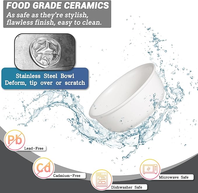 Ceramic Elevated Dog Bowl Set - Raised Food and Water Bowls with Metal Stand - Double Pet Dishes for Small and Medium Dogs - 2 Cups - 27 fl oz - Matte Whit