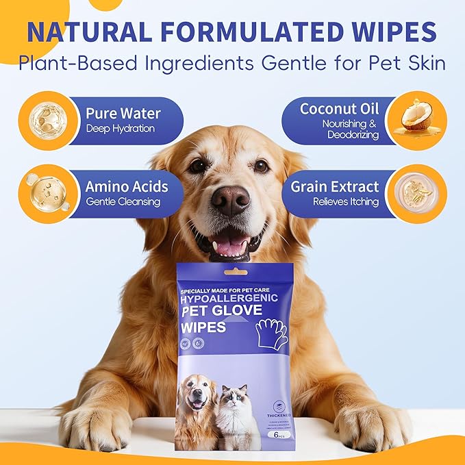 Pet Glove Wipes for Dogs Cats, Grooming Deodorizing Puppy Face Paws Fur and Butt Gloves Wipe, Unscented Extra Thick Travel Cleaning Care Hypoallergenic No Rinse Disposable Bathing Dog Wipes, 24 Pcs