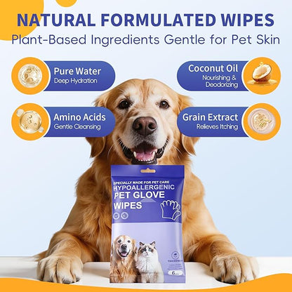 Pet Glove Wipes for Dogs Cats, Grooming Deodorizing Puppy Face Paws Fur and Butt Gloves Wipe, Unscented Extra Thick Travel Cleaning Care Hypoallergenic No Rinse Disposable Bathing Dog Wipes, 24 Pcs