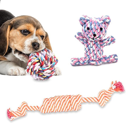 SunGrow Cotton Knot Puppy Chews, 4.5" Tough Teething Chewable Teddy Bear, 2.5" Ball, 12" Durable Oral Chew Rope, Handwoven for Small Breeds Dog, Massage Teeth, Gums, Random Color, 3 Pcs