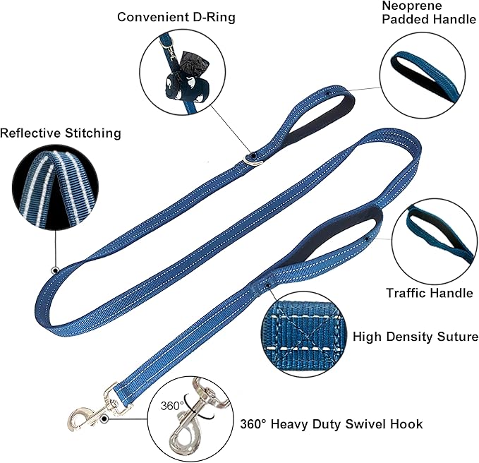 Dual Padded Handle Walking and Training Standard Leashes for Large Dogs with Reflective Stitching, 360° Rotatable Heavy Duty Metal Buckle, D-Ring, Durable Nylon, 6Ft Long 1" Wide