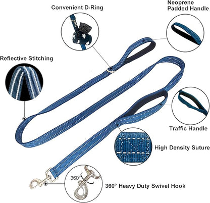 Dual Padded Handle Walking and Training Standard Leashes for Large Dogs with Reflective Stitching, 360° Rotatable Heavy Duty Metal Buckle, D-Ring, Durable Nylon, 6Ft Long 1" Wide