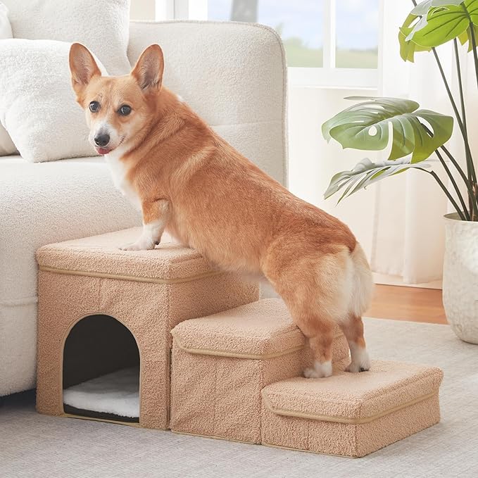 Dog Stairs for Small Dogs with Storage and Condo,Foldable Pet Stairs for Small Medium or Puppy Dogs and Older Cats, Dog Steps for Bed or Couch(Beige,13" H)