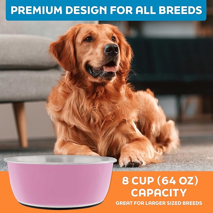 Master Pet Supply Stainless Steel Dog Bowls Set of 2 (64 Oz Each) with Non-Slip Rubber Base - Hyper Pink - Basic Dog Food Bowl Water & Food Bowls for Small Medium Large Dogs & Cats, Metal Dish