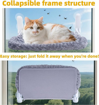 Cat Window Perch, Cordless Foldable Cat Hammock Bed with 4 Suction Cups, Embeded Machine Washable Bed for Indoor Cats, Strong Metal Frame Holds 40lbs (Grey,Cotton Binding)