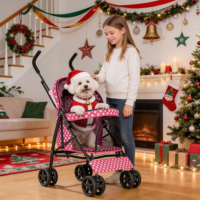 MoNiBloom 4 Wheels Pet Stroller, Easy-Fold Umbrella Shaped Dog Cat Jogger Stroller w/Storage Bag & Visible Mesh for Small/Medium Dogs Cats Hot Pink Polka Dots