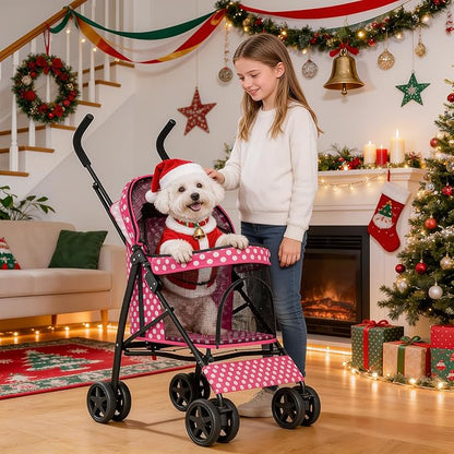 MoNiBloom 4 Wheels Pet Stroller, Easy-Fold Umbrella Shaped Dog Cat Jogger Stroller w/Storage Bag & Visible Mesh for Small/Medium Dogs Cats Hot Pink Polka Dots