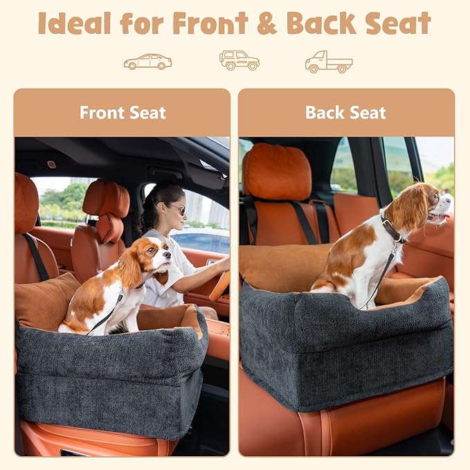 Avont Dog Car Booster Seat for Small/Medium Dogs Under 30 lbs, Elevated Puppy Carseat, Front Seat Pet Car Bed -Black