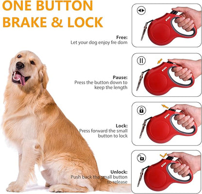 Fida Retractable Dog Leash with Dispenser and Poop Bags, 16 ft Pet Walking Leash for Medium Dog or Cat up to 44 lbs, Anti-Slip Handle, Tangle Free, Reflective Nylon Tape (M, Red)